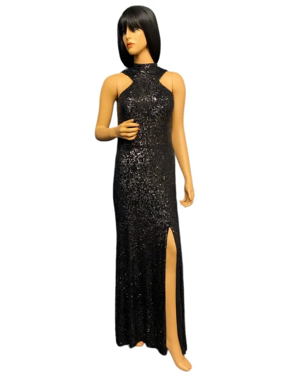 Aqua Sequin Gown Black Halter High Neck T-Back Slit